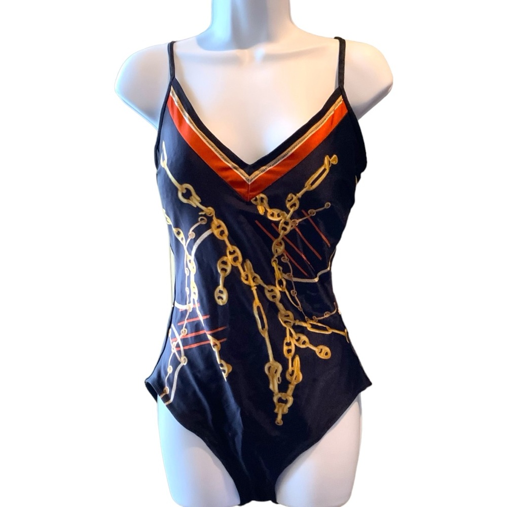 Gottex Swimsuit Size 14 Black Gold Red Design Molded Cups Vneck U- Back Size 14